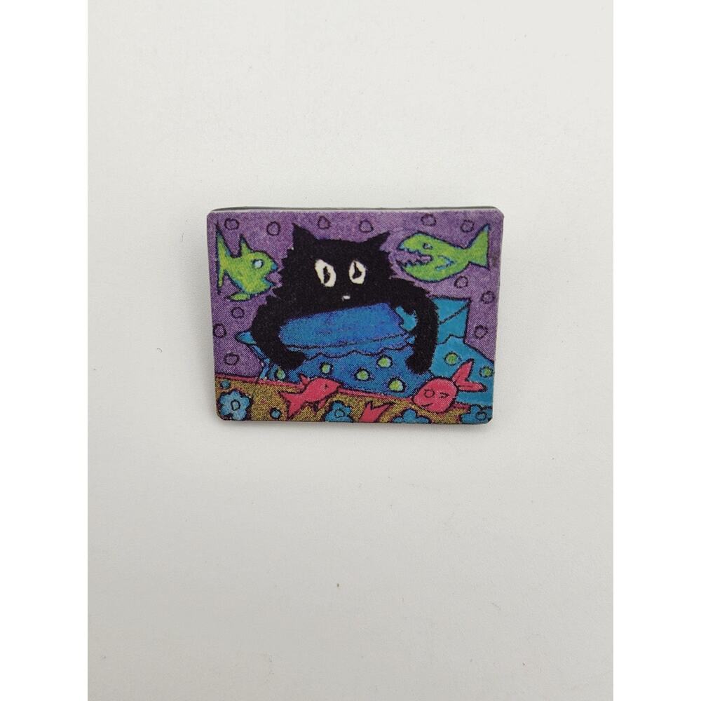 DVS Signed Black Cat Fishbowl Plastic Brooch Pin Hand Painted Whimsical Artwork